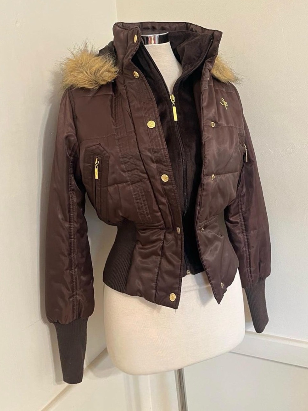 South Pole y2k cinch waist Brown Bomber Jacket with Faux Fur Trim